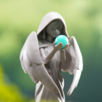 Figurine lumineuse Genshin Impact: Mondstadt Statue of The Seven en situation, focus sur le haut de la statue, éteinte